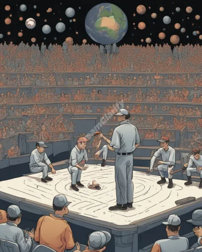 An umpire figure making decisions at a cosmic baseball game, where the players are various life aspects, representing judgment and fairness.