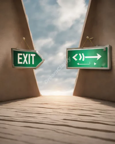 Exit signs pointing to different dream paths, representing choices.