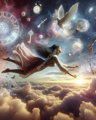 Dreamer falling through symbolic clouds, representing the meaning of falling dreams and self-discovery.