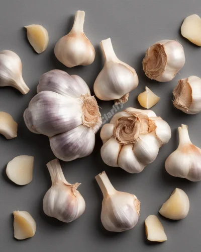 Garlic cloves emitting protective auras, with each layer peeled revealing a new symbol of strength or wisdom.