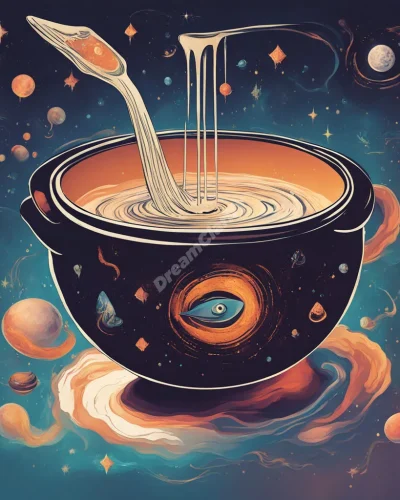 A ladle dipping into a cosmic soup of dream symbols, representing nourishment and the subconscious.