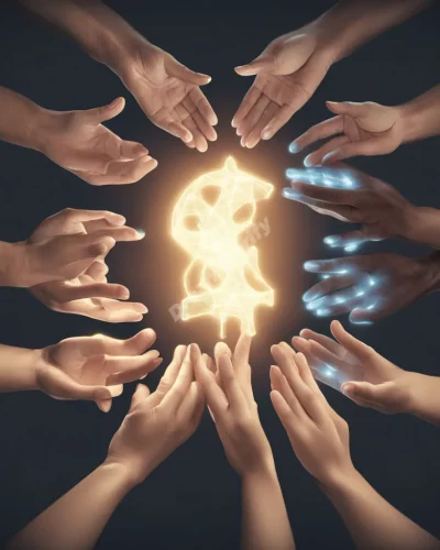 Hands receiving glowing symbols, representing assistance.