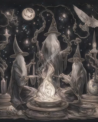 Wizards casting spells with dream symbols, representing magic.