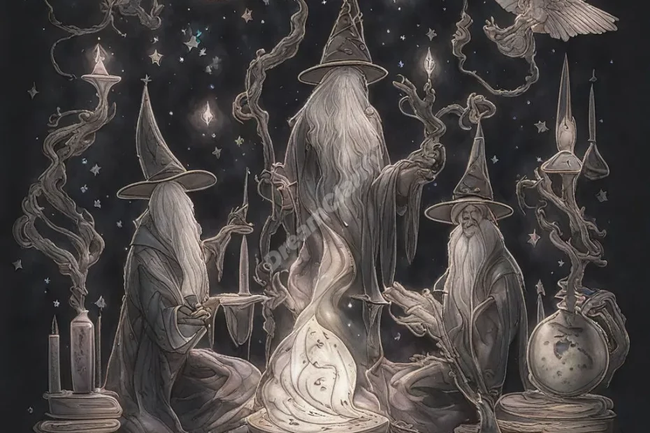 Wizards casting spells with dream symbols, representing magic.