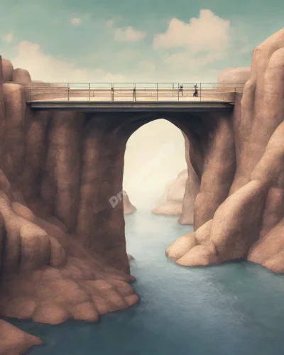 A bridge with missing sections over a chasm, representing gaps in dreams and the challenges of moving forward.