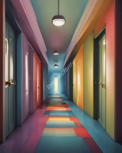 A long, mysterious hallway with doors of various sizes and colors, symbolizing choices and paths in life.