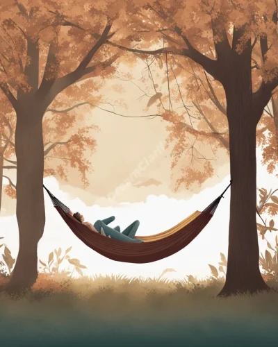 A hammock swinging between two trees of contrasting seasons, symbolizing rest and the balance between different life phases.