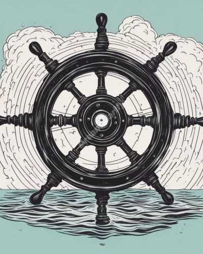 A ship's helm steering through dream waters, representing control.