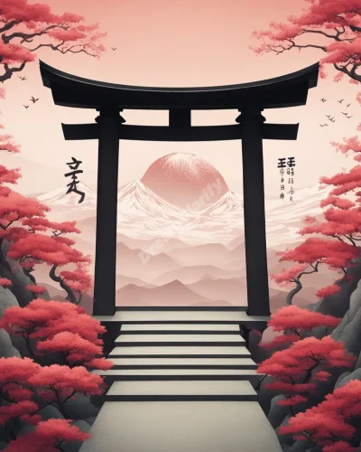 A traditional Japanese torii gate leading to a surreal landscape blending modern and ancient Japanese symbols.