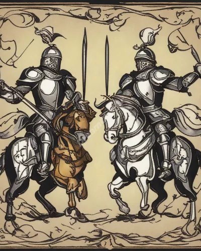 Jousting knights with dream symbols on their shields, representing conflict.