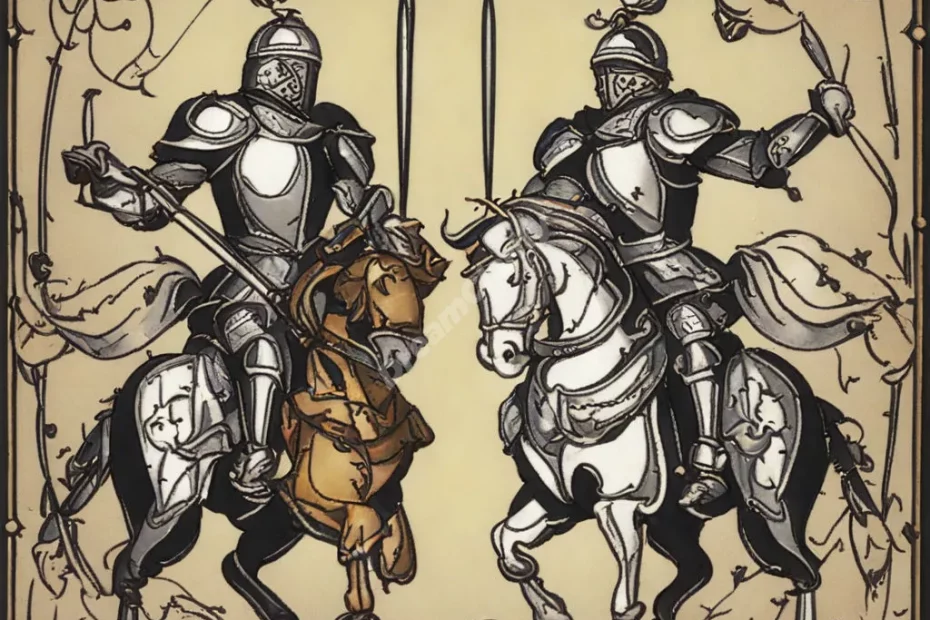 Jousting knights with dream symbols on their shields, representing conflict.