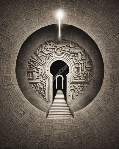 A keyhole emitting light that forms a path through a labyrinth of symbols, representing unlocking life's mysteries.