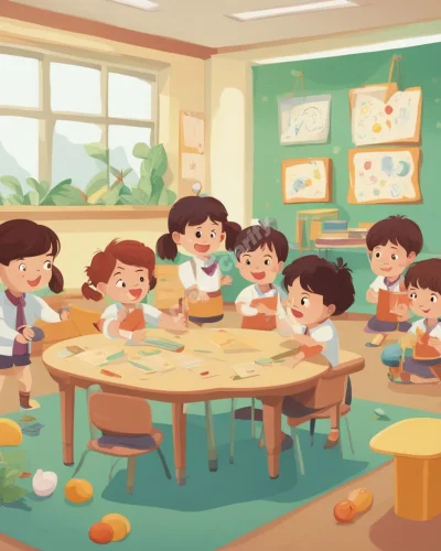 A kindergarten classroom with children playing and learning, each activity revealing a different life lesson, symbolizing growth and innocence.