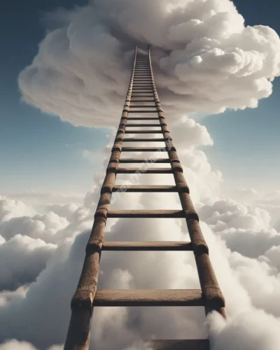 A ladder reaching into swirling clouds, with each rung a different symbol, representing personal growth.