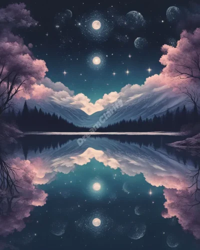 A serene lake reflecting a night sky full of dream symbols, representing the depths of the subconscious.