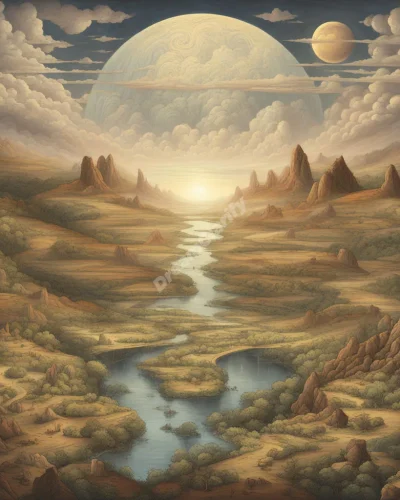 A landscape morphing between various terrains, each section revealing hidden dream symbols within the earth.