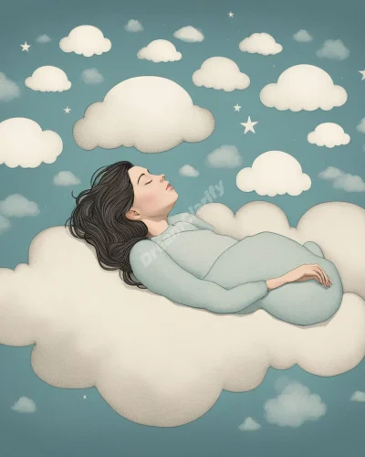 A peaceful figure napping on a cloud, with thought bubbles forming soothing dreamscapes, representing rest and rejuvenation.