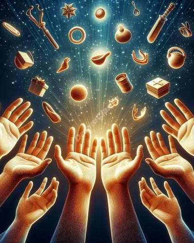 Hands extending various objects towards a shimmering light, representing generosity and spiritual gifts in offering dreams.