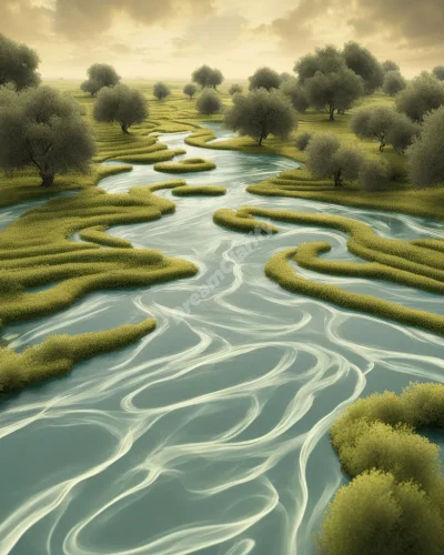 Olive oil forming rivers in a dreamscape, representing nourishment in olive oil dreams.