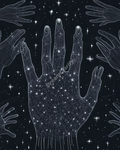 Hands with glowing lines, forming constellations and revealing dream symbols in the patterns.