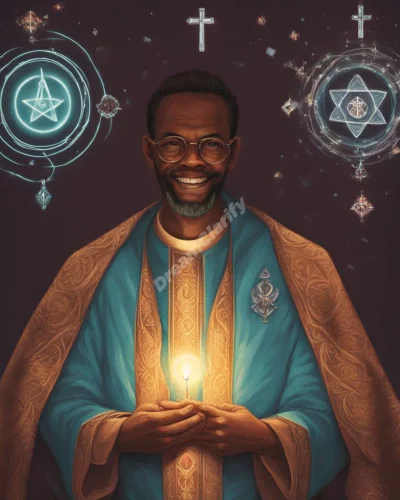 A pastor glowing with spiritual symbols.