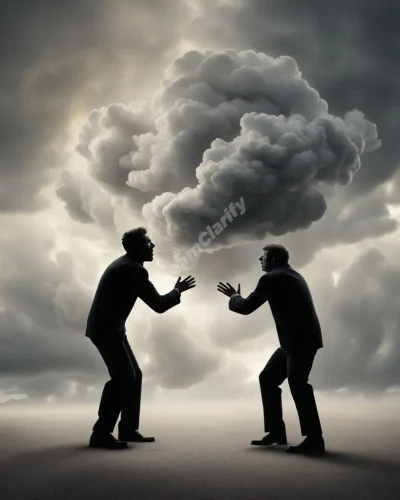 Two figures in a heated argument, their words forming storm clouds, symbolizing conflict in quarrel dreams.