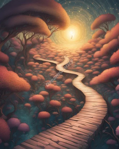 A winding, glowing path through various dreamscapes, representing the meandering nature of thoughts and experiences.