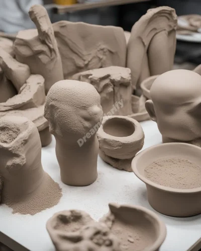 Raw, unformed clay taking shape into various dream objects, symbolizing potential and the power to mold one's reality.