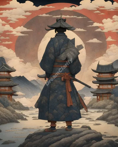 A samurai figure standing at a crossroads of various Japanese-inspired dreamscapes, symbolizing honor and life choices.