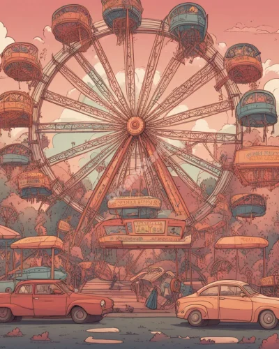 A Ferris wheel with each car containing a different life scenario, rotating through a dreamy carnival atmosphere, symbolizing life's ups and downs.