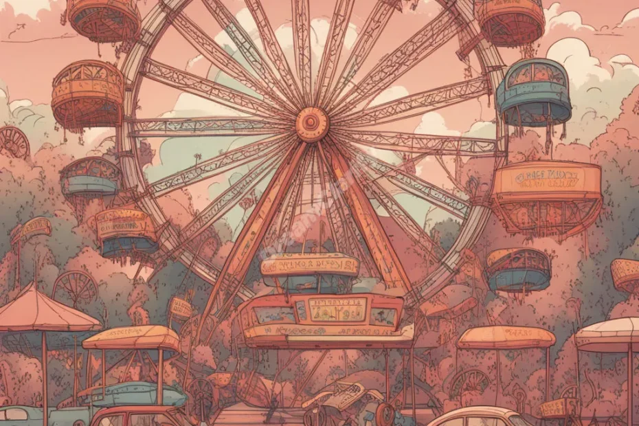 A Ferris wheel with each car containing a different life scenario, rotating through a dreamy carnival atmosphere, symbolizing life's ups and downs.