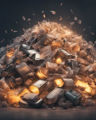 A pile of glowing garbage transforming into valuable items, symbolizing hidden potential in seemingly worthless things.