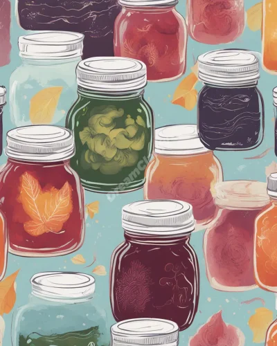 Jars of colorful jam with dream scenes swirling inside, representing preserved memories and sweet experiences.