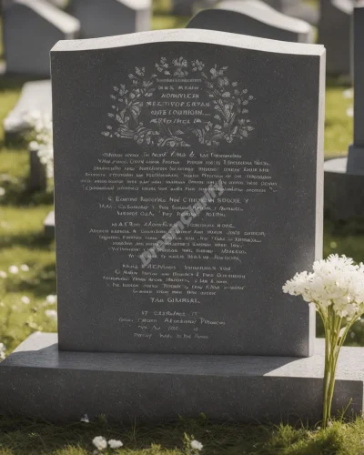 A headstone with epitaph transforming into life-affirming symbols.