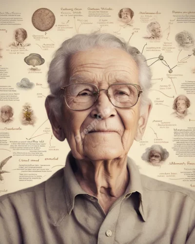 A senior citizen with a life timeline of dream symbols, representing wisdom and life review.