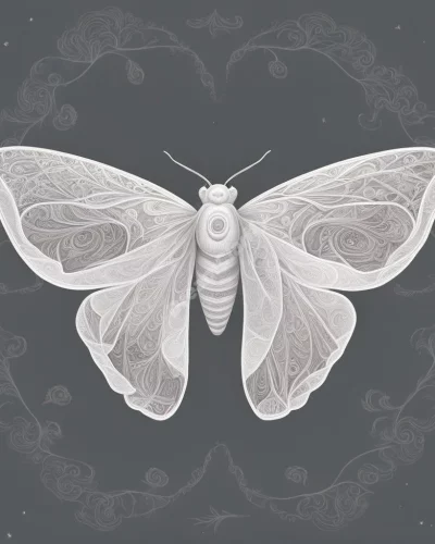 A white moth with wing patterns forming dream symbols, representing purity and transformation.