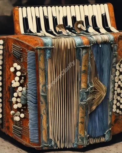 An accordion being sold, transforming into dream symbols.