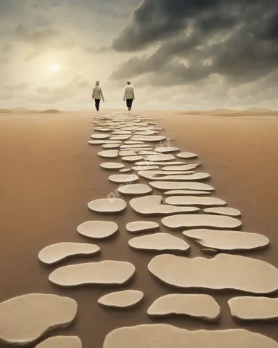 Footprints leading through various surreal landscapes, each step transforming the scenery, representing life's journey.