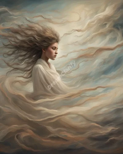 Wind blowing through a dreamscape, carrying symbols of change and movement.