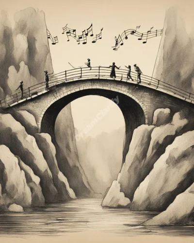 Musical notes from a yodeler forming a bridge across a chasm, representing communication and overcoming obstacles.