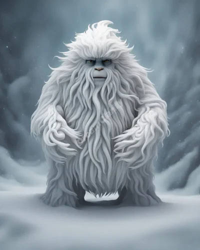 A Yeti figure made of swirling snow, revealing glimpses of hidden dream symbols within its form.
