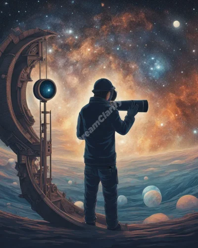 A figure peering through a telescope that shows surreal cosmic scenes, symbolizing expanded awareness and new discoveries.