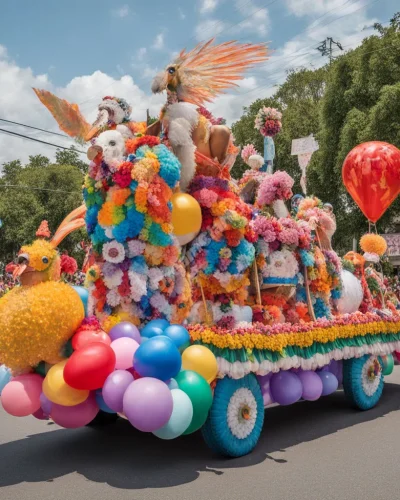 A parade of colorful floats representing various life milestones, symbolizing celebration and unity.