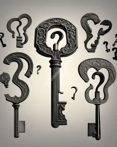 Question marks transforming into keys that unlock dream doors, symbolizing the power of inquiry in dreams.