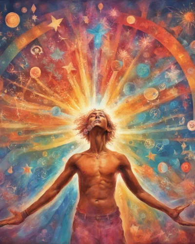 A figure experiencing a burst of colorful energy, surrounded by symbols of joy and liberation.