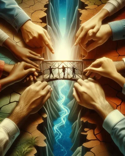 Diverse hands joining to form a bridge across a chasm, representing unity and collaboration in union dreams.