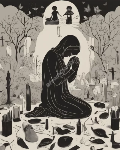 A figure mourning parents, surrounded by symbols of loss and love.