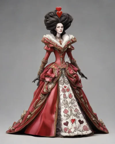 A regal queen of hearts figure whose dress transforms into a landscape of emotional symbols and experiences.