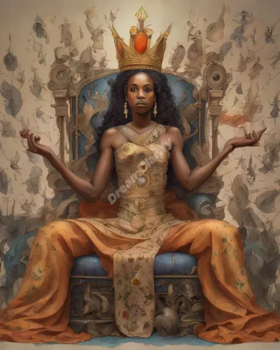 A regal queen figure with a crown of dream symbols, seated on a throne of transforming objects, representing self-empowerment.