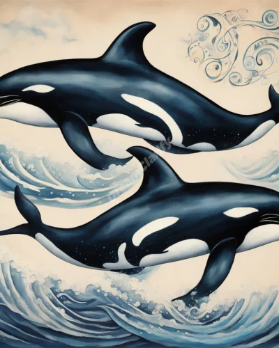 Majestic killer whales leaping between ocean and sky, their bodies painted with tribal symbols, representing power and emotional depth.